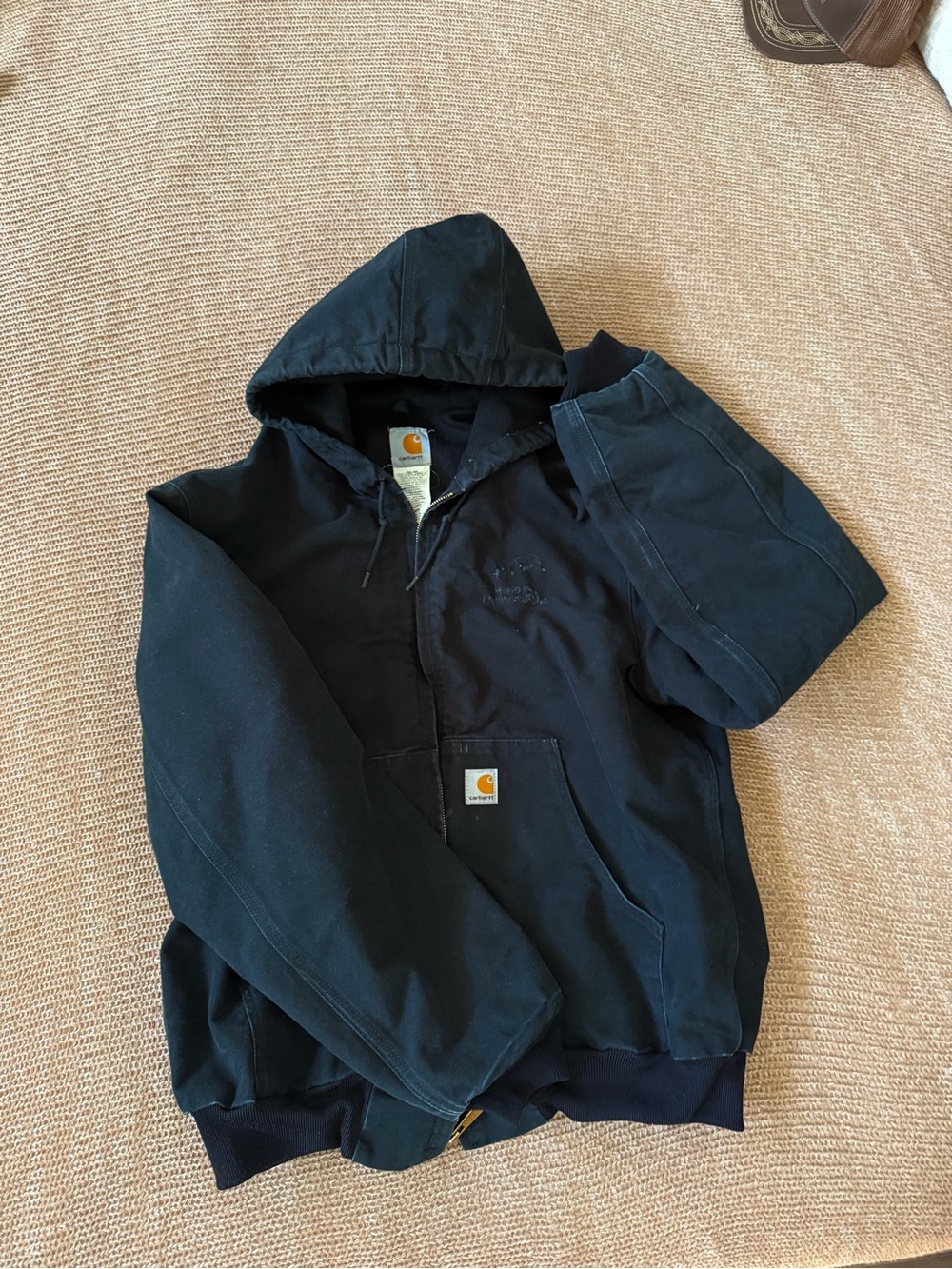 Carhartt Black Hooded Work Jacket with Logo Patch - Heavy Duck